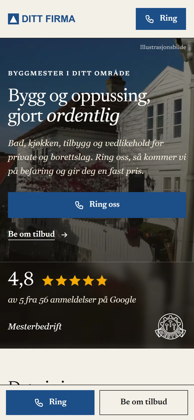 Med Stallare på mobil: Ring-knappen øverst og nederst, og teksten i full størrelse.