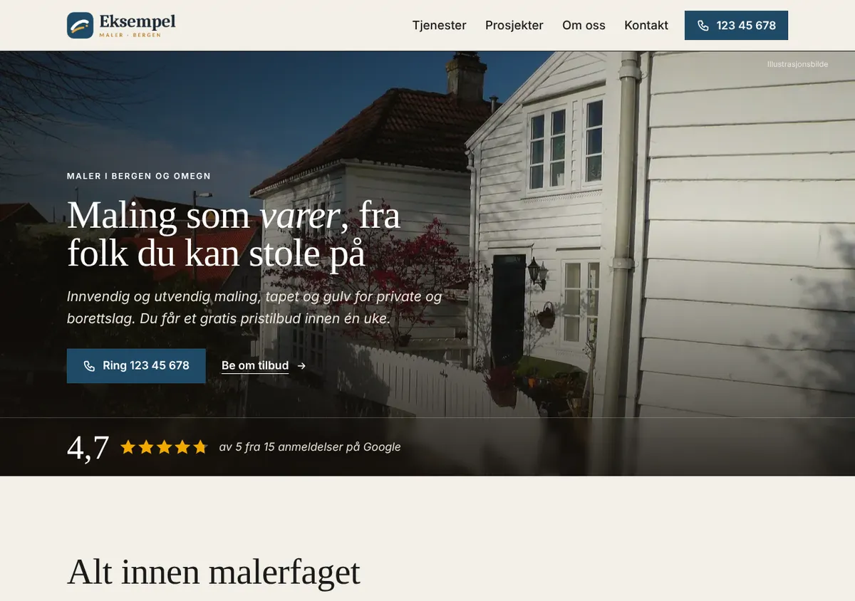 Nettsiden til Eksempel Maler AS på en Mac: hvitmalte trehus, overskriften «Maling som varer», og knappen Ring.
